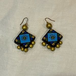 made in india beaded earrings gold blue boho mandala dangle unique NWT